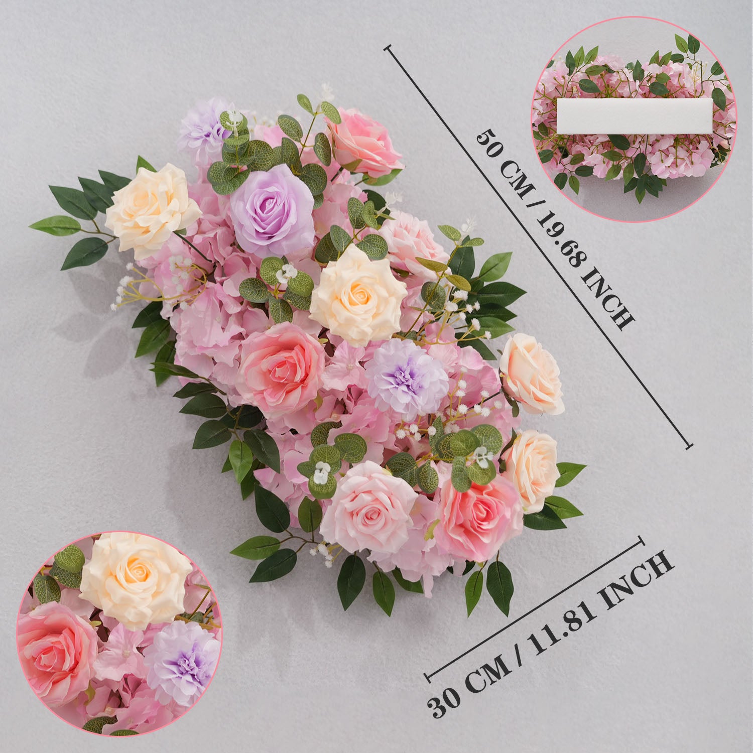 Uflower Artificial Pink Purple Rose Green Leaf Flower Row Wedding KT Backdrop Decor